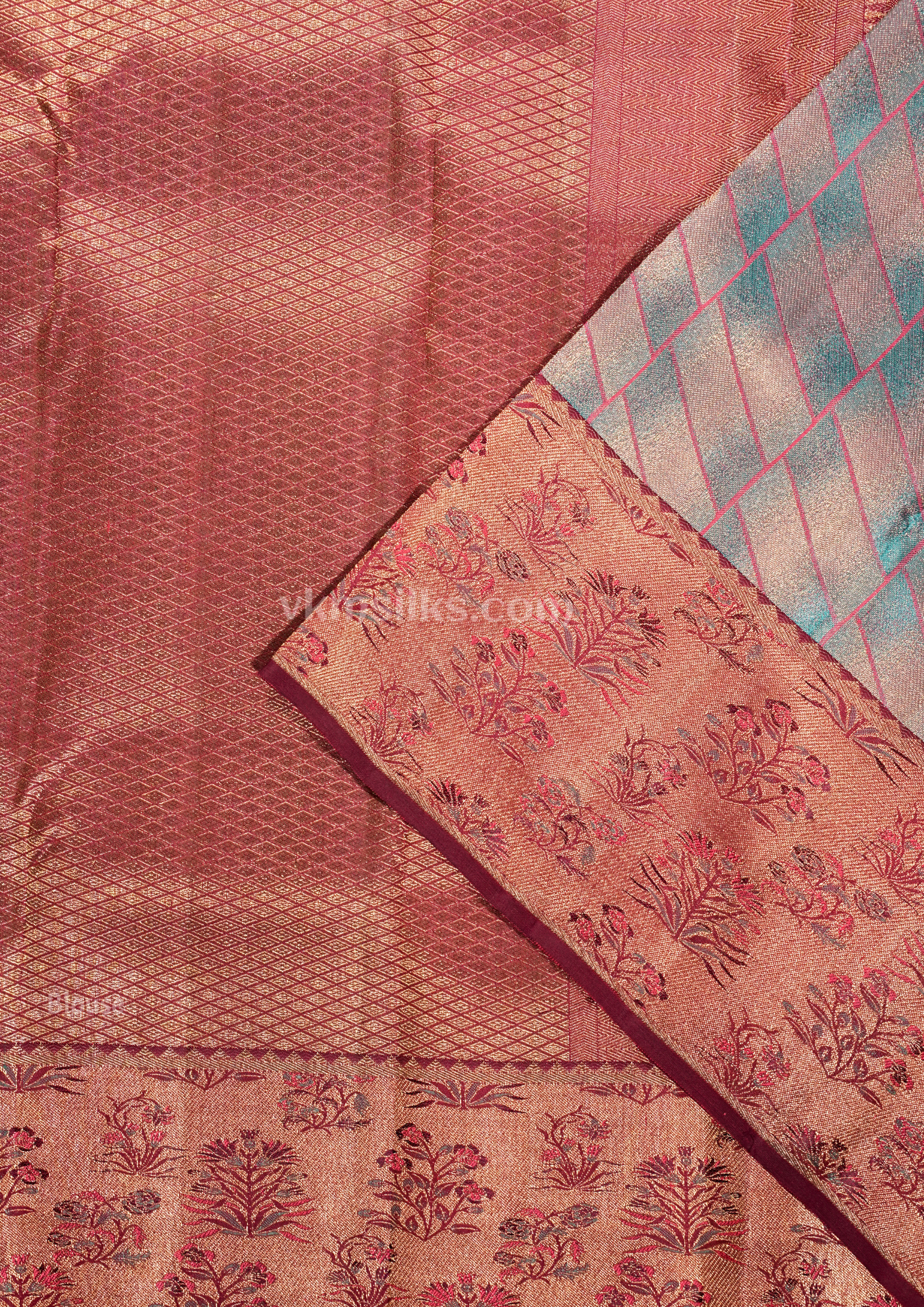 Attractive Royal Teal Blue Pure Silk Saree with Wine Maroon Zari Border alternative view