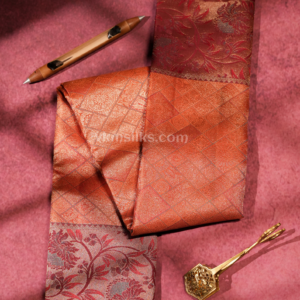 Copper Orange Pure Silk Saree with Wine Maroon Floral Border
