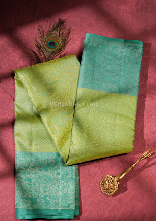 Premium Dual-Tone Pistachio Green & Aqua Teal Floral Jacquard  Silk Saree