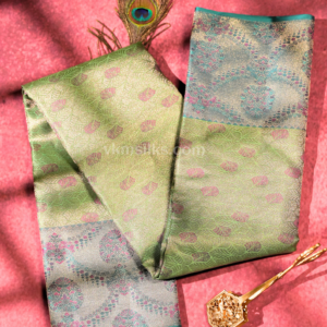 Premium Pastel Pistachio Green Pure Silk Saree with Turquoise Blue Border & Pink Zari Weaving