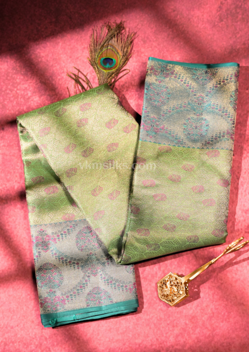 Premium Pastel Pistachio Green Pure Silk Saree with Turquoise Blue Border & Pink Zari Weaving