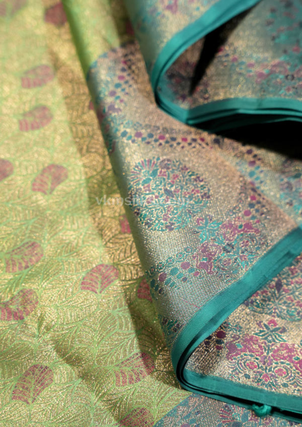 Premium Pastel Pistachio Green Pure Silk Saree with Turquoise Blue Border & Pink Zari Weaving
