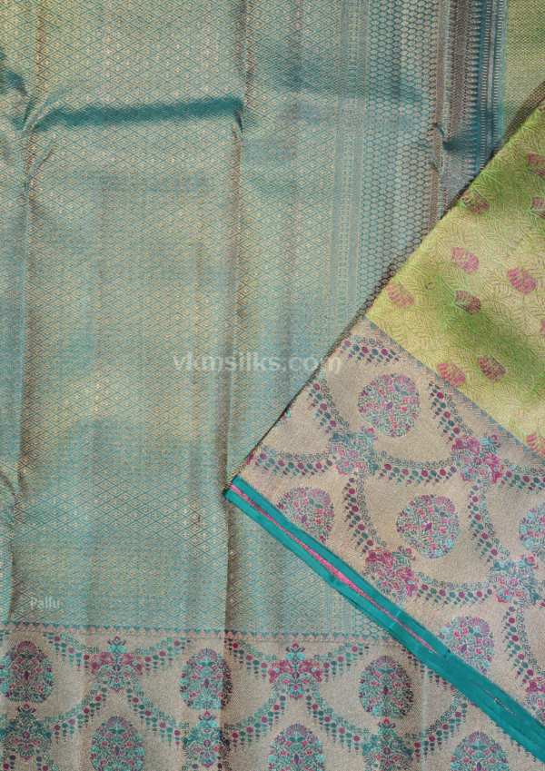 Premium Pastel Pistachio Green Pure Silk Saree with Turquoise Blue Border & Pink Zari Weaving