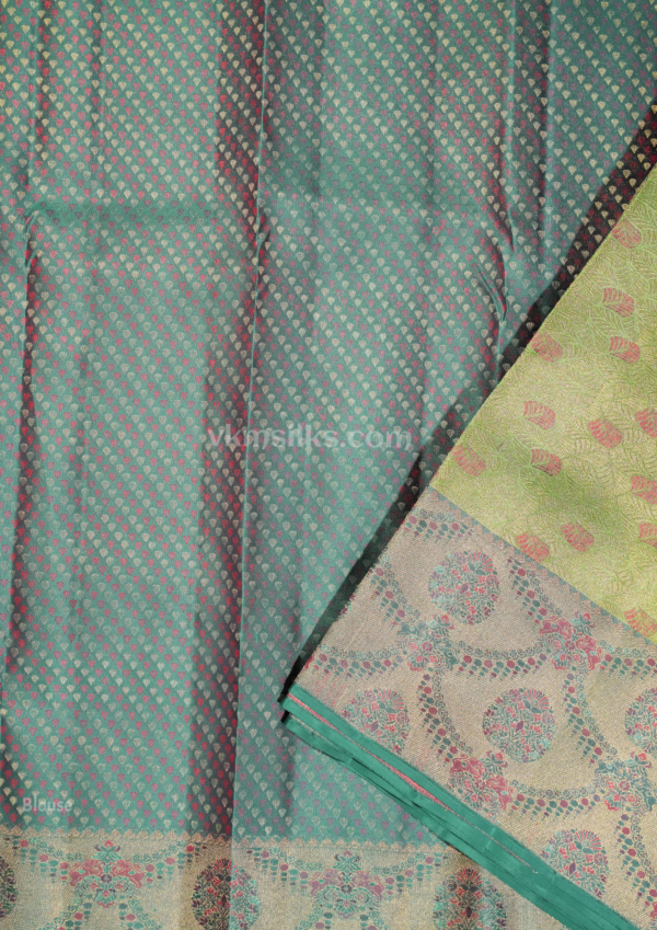 Premium Pastel Pistachio Green Pure Silk Saree with Turquoise Blue Border & Pink Zari Weaving