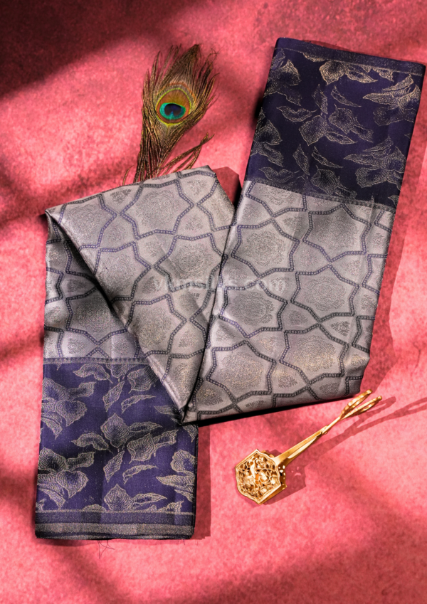 9 - 2026-07-03T170957.674 Silver Grey Pure Silk Saree with Midnight Navy Blue Border & Silver Zari Jacquard Weaving