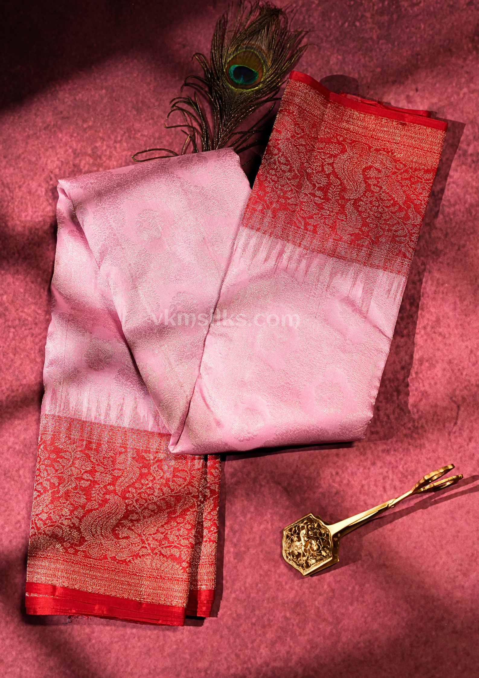 Elegant Baby Pink Pure Kanchipuram Silk Saree with Rich Coral Red Zari Border