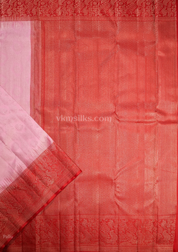 Elegant Baby Pink Pure Kanchipuram Silk Saree with Rich Coral Red Zari Border