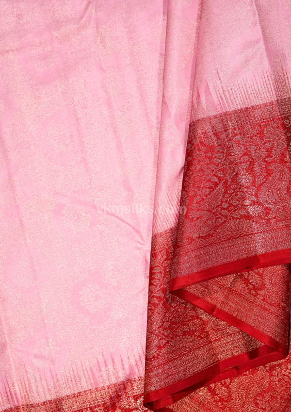 Elegant Baby Pink Pure Kanchipuram Silk Saree with Rich Coral Red Zari Border