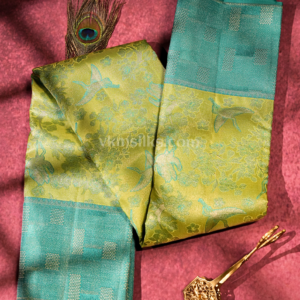 Lime Green & Aqua Blue Pure Kanchipuram Silk Saree with Bird Motif Zari Weaving