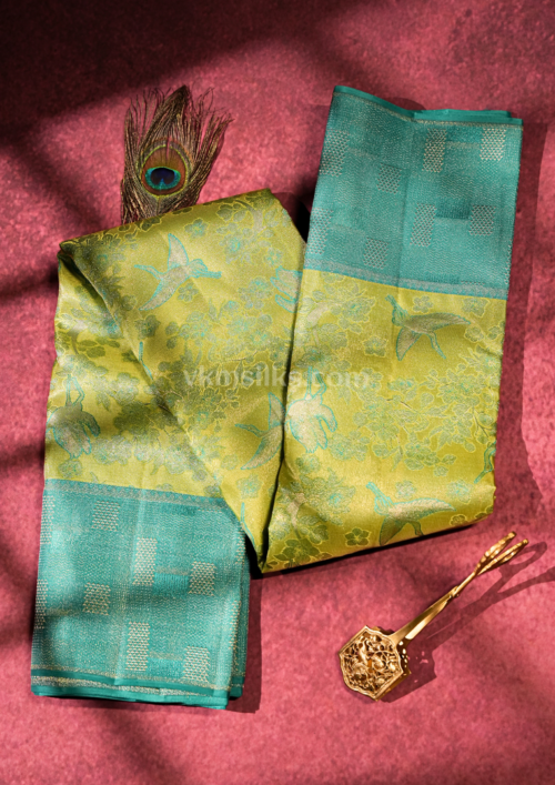 9 - 2026-07-08T121444.920 Lime Green & Aqua Blue Pure Kanchipuram Silk Saree with Bird Motif Zari Weaving