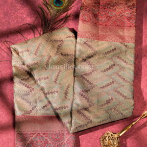 Silver Sage Green & Coral Pink Pure Kanchipuram Silk Saree with Chevron Zari Weaving