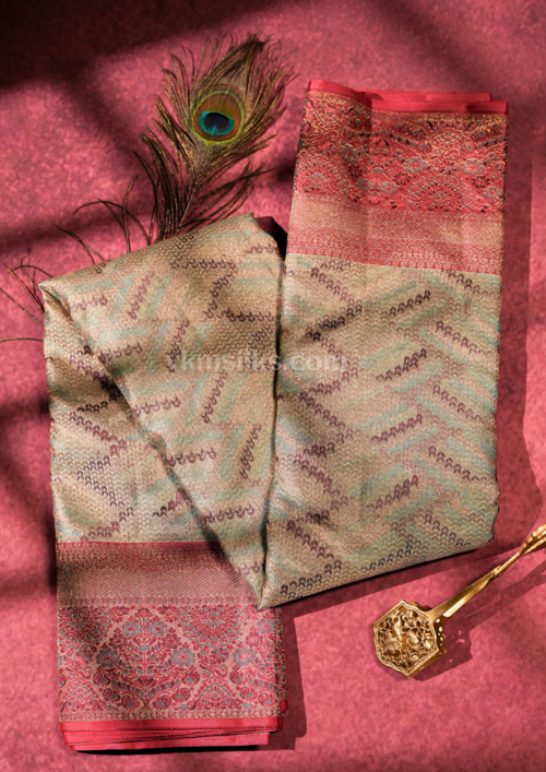 9 - 2026-07-08T124948.731 Silver Sage Green & Coral Pink Pure Kanchipuram Silk Saree with Chevron Zari Weaving