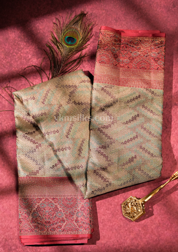 9 - 2026-07-08T124948.731 Silver Sage Green & Coral Pink Pure Kanchipuram Silk Saree with Chevron Zari Weaving