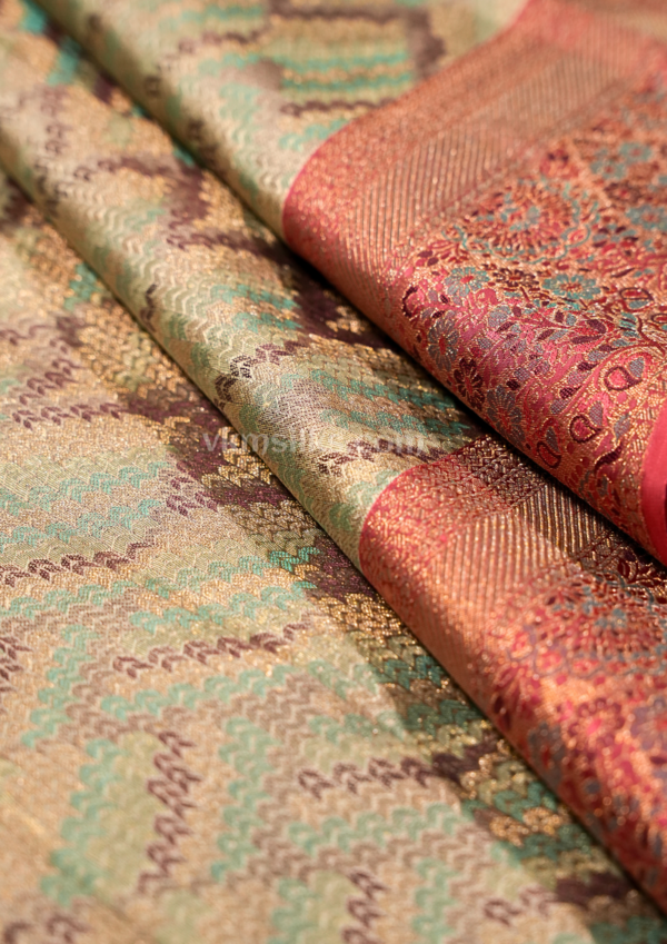 9 - 2026-07-08T125046.934 Silver Sage Green & Coral Pink Pure Kanchipuram Silk Saree with Chevron Zari Weaving
