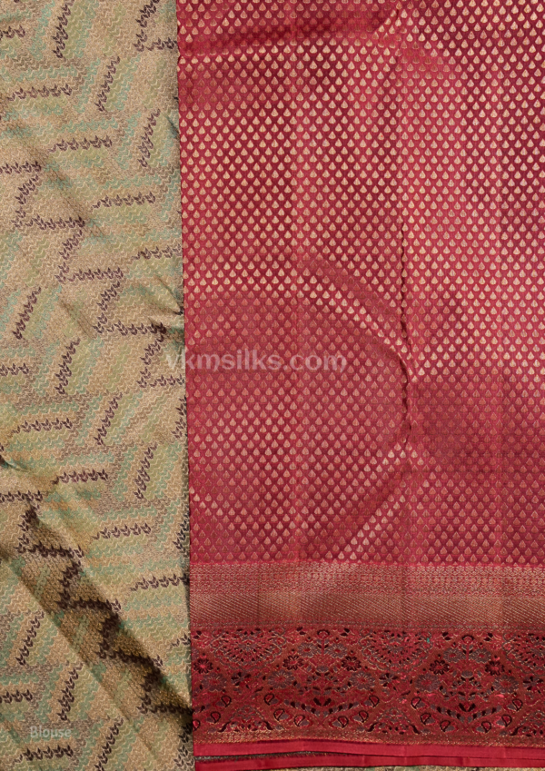 9 - 2026-07-08T125207.047 Silver Sage Green & Coral Pink Pure Kanchipuram Silk Saree with Chevron Zari Weaving