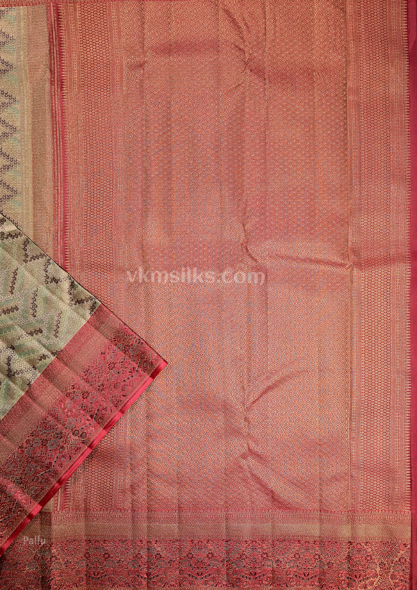9 - 2026-07-08T125321.848 Silver Sage Green & Coral Pink Pure Kanchipuram Silk Saree with Chevron Zari Weaving