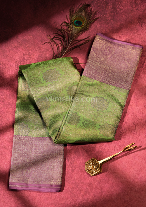 9 - 2026-07-08T133241.009 Parrot Green & Lavender Purple Pure Kanchipuram Silk Saree with Floral Zari Weaving