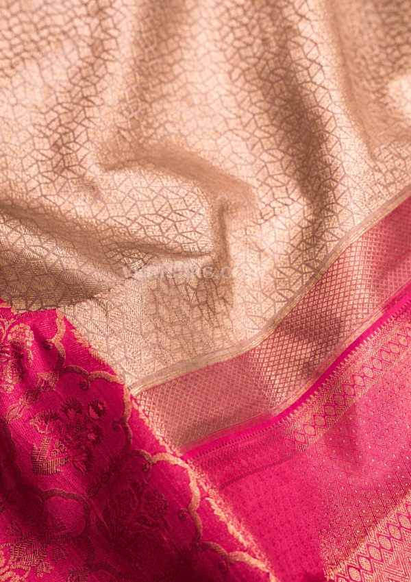 Premium Blush Peach & Rani Pink Pure Kanchipuram Silk Saree with Rich Zari Weaving