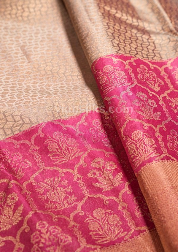 Premium Blush Peach & Rani Pink Pure Kanchipuram Silk Saree with Rich Zari Weaving