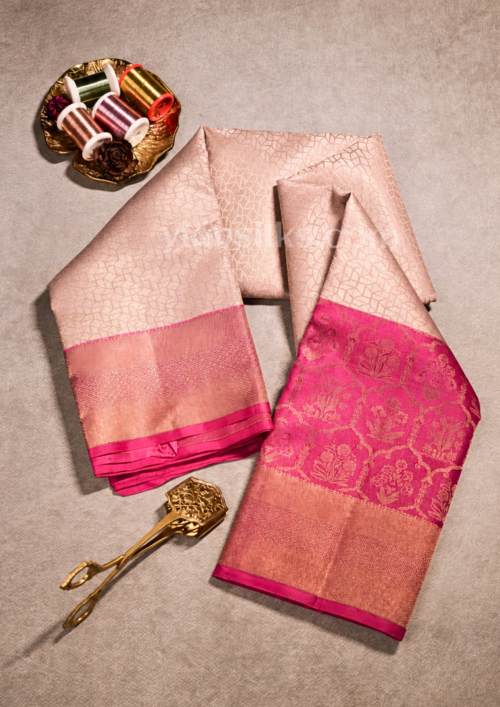 Premium Blush Peach & Rani Pink Pure Kanchipuram Silk Saree with Rich Zari Weaving