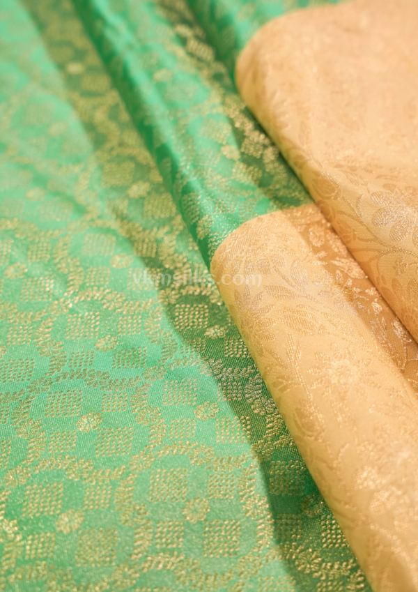 National Love Your Pet Day (1) Premium Seafoam Mint Green Pure Silk Saree with Champagne Gold Border & Floral Zari Weaving