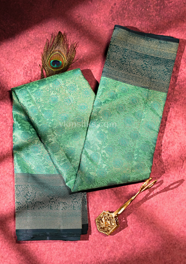 National Love Your Pet Day (10) Aqua Mint Green Pure Silk Saree with Slate Grey Border & Floral Jacquard Weaving