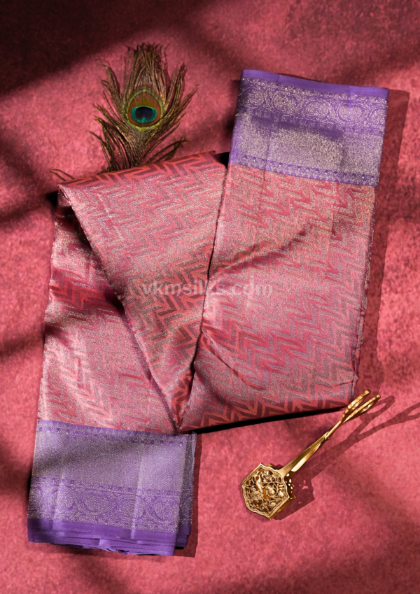 National Love Your Pet Day (14) Dusty Rose Pink Pure Silk Saree with Royal Purple Border & Silver Zari Chevron Weaving