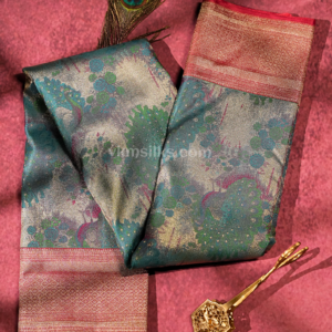 Steel Blue Pure Silk Saree with Crimson Red Border & Peacock Jacquard Zari Weaving