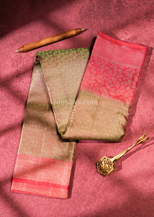 National Love Your Pet Day (26) Olive Gold Pure Silk Saree with Coral Pink Border & Diamond Zari Weaving