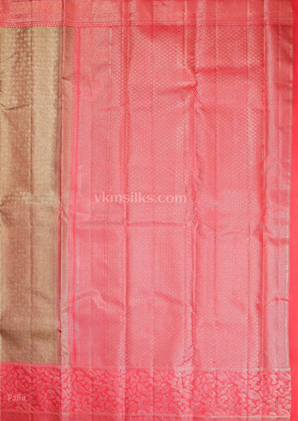 National Love Your Pet Day (28) Olive Gold Pure Silk Saree with Coral Pink Border & Diamond Zari Weaving
