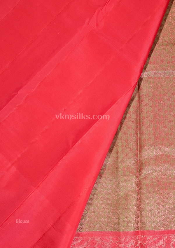 National Love Your Pet Day (29) Olive Gold Pure Silk Saree with Coral Pink Border & Diamond Zari Weaving