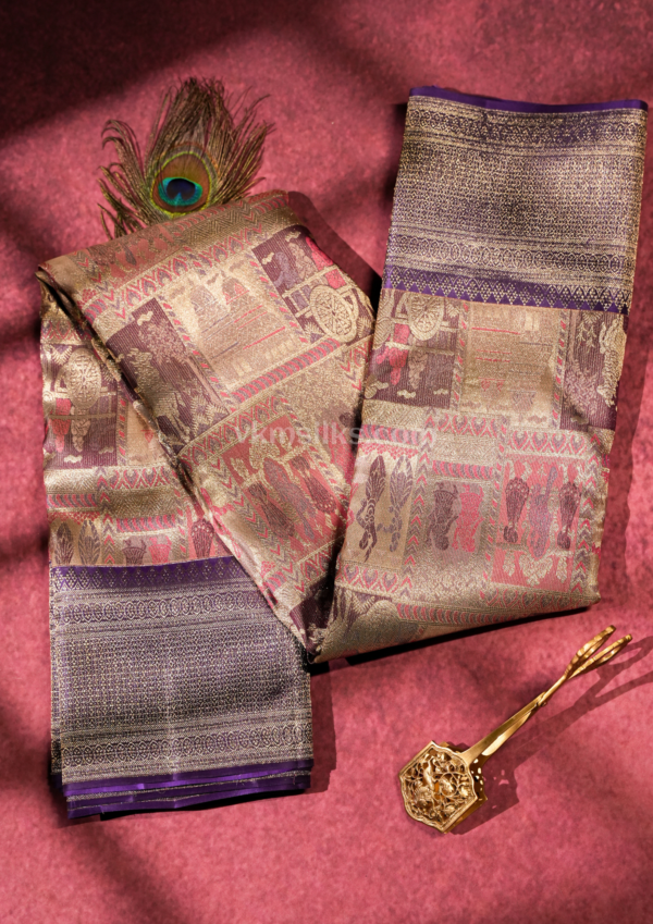 National Love Your Pet Day (34) Royal Antique Gold Pure Kanchipuram Silk Saree with Regal Purple Temple Border