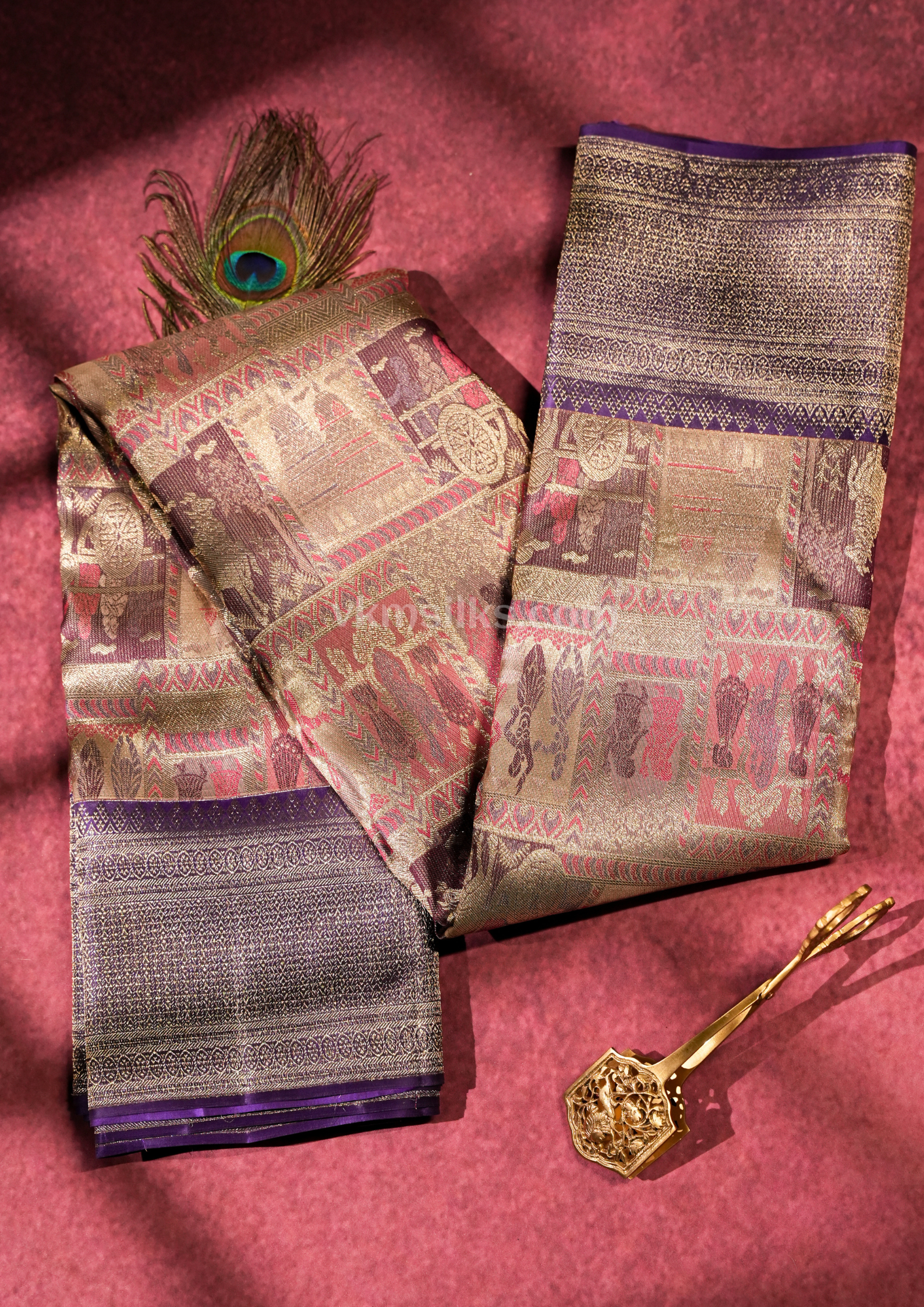 Royal Antique Gold Pure Kanchipuram Silk Saree with Regal Purple Temple Border