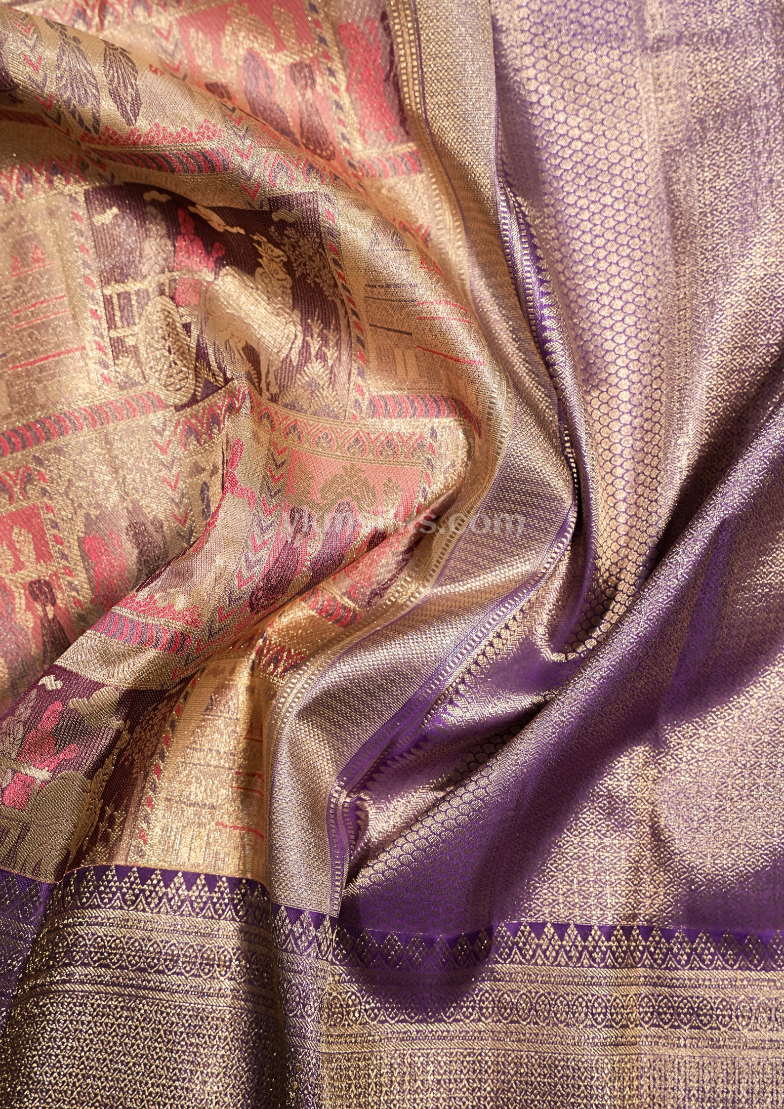 Royal Antique Gold Pure Kanchipuram Silk Saree with Regal Purple Temple Border alternative view