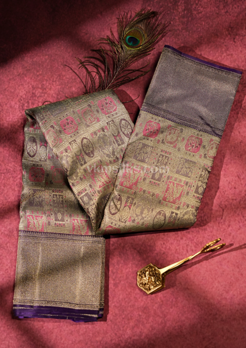 National Love Your Pet Day (40) Heritage Antique Gold Pure Kanchipuram Silk Saree with Royal Purple Border