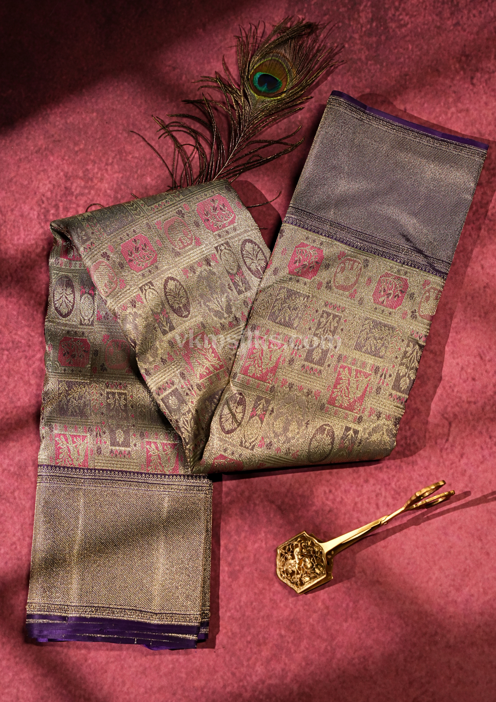 Heritage Antique Gold Pure Kanchipuram Silk Saree with Royal Purple Border