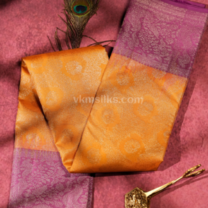 Royal Marigold Orange Pure Kanchipuram Silk Saree with Orchid Purple Zari Border