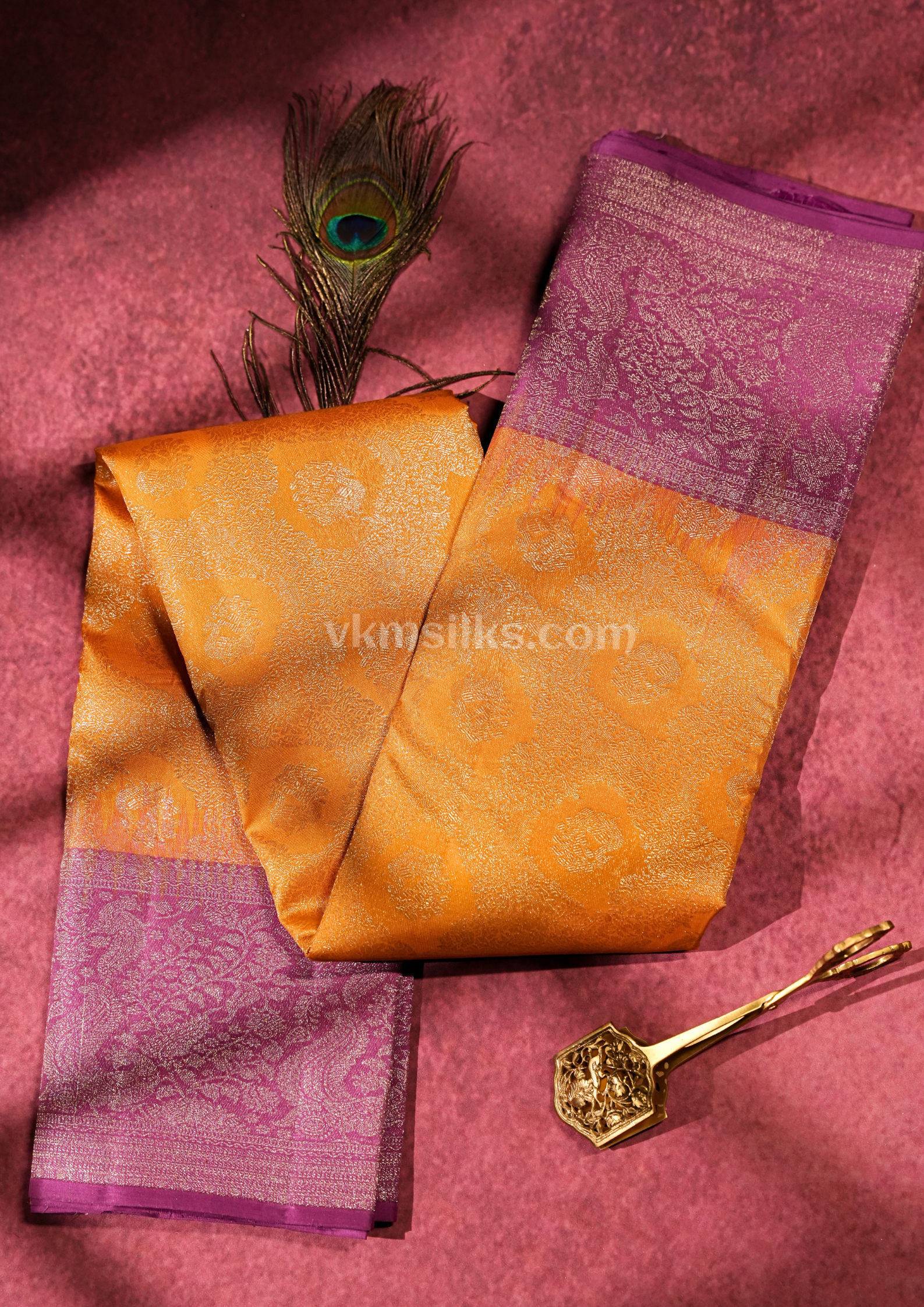 Royal Marigold Orange Pure Kanchipuram Silk Saree with Orchid Purple Zari Border