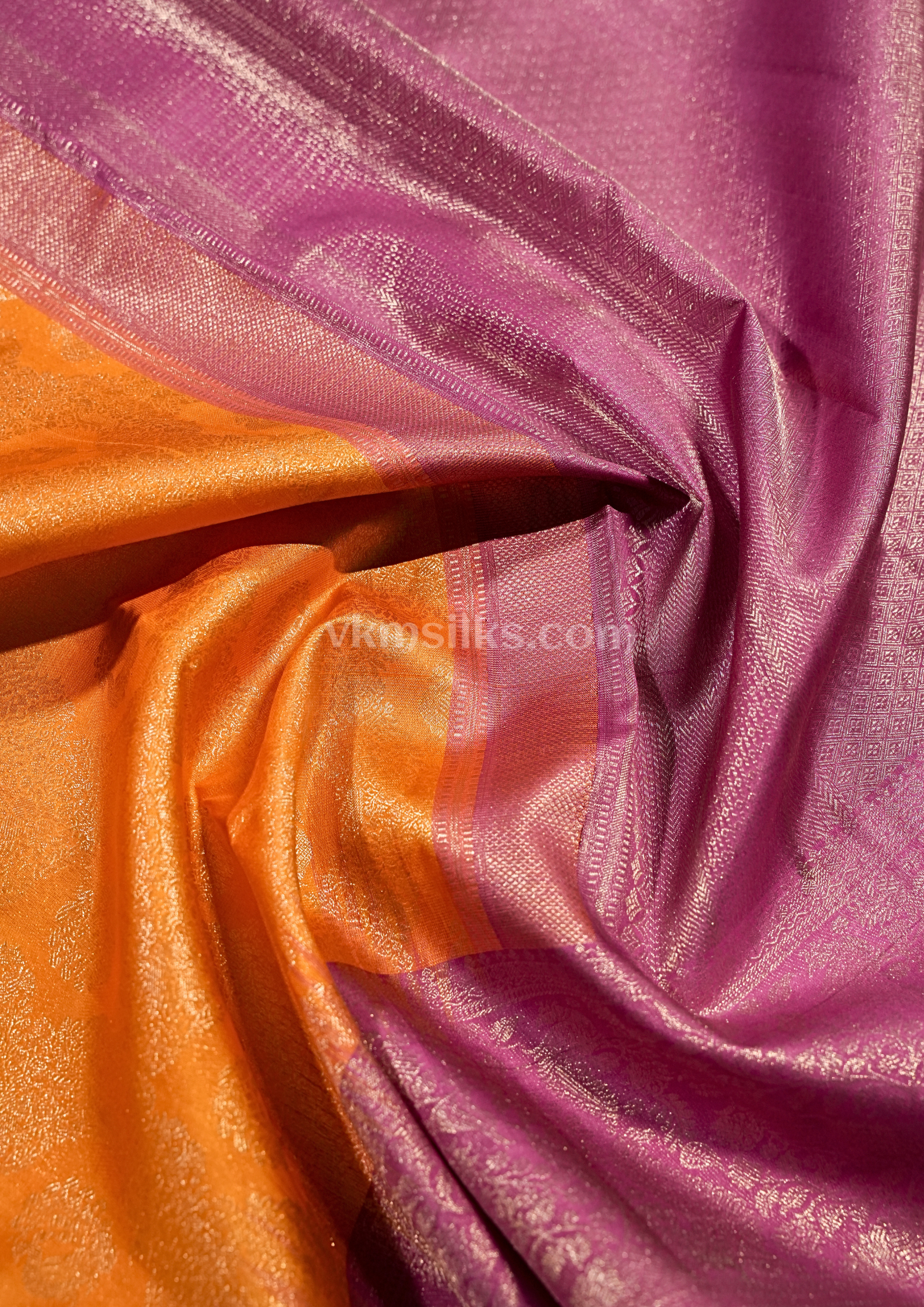 Royal Marigold Orange Pure Kanchipuram Silk Saree with Orchid Purple Zari Border alternative view