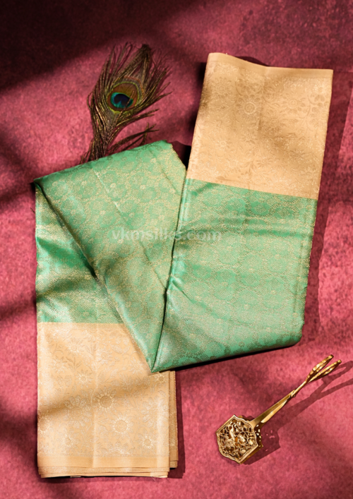 Premium Seafoam Mint Green Pure Silk Saree with Champagne Gold Border & Floral Zari Weaving
