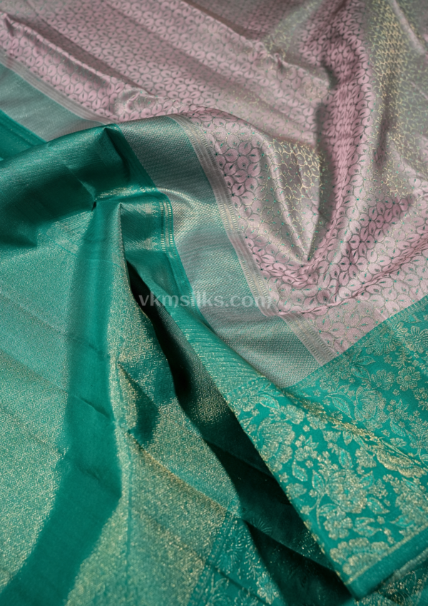 9 - 2026-08-26T160757.245 Dusty Rose Pink & Peacock Green Pure Silk Saree with Elegant Zari Floral Border