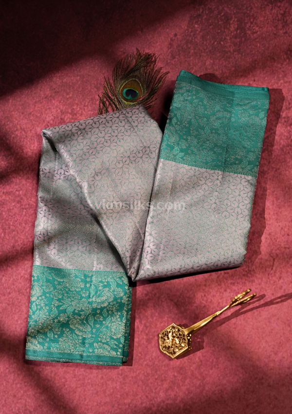 9 - 2026-08-26T161136.743 Dusty Rose Pink & Peacock Green Pure Silk Saree with Elegant Zari Floral Border