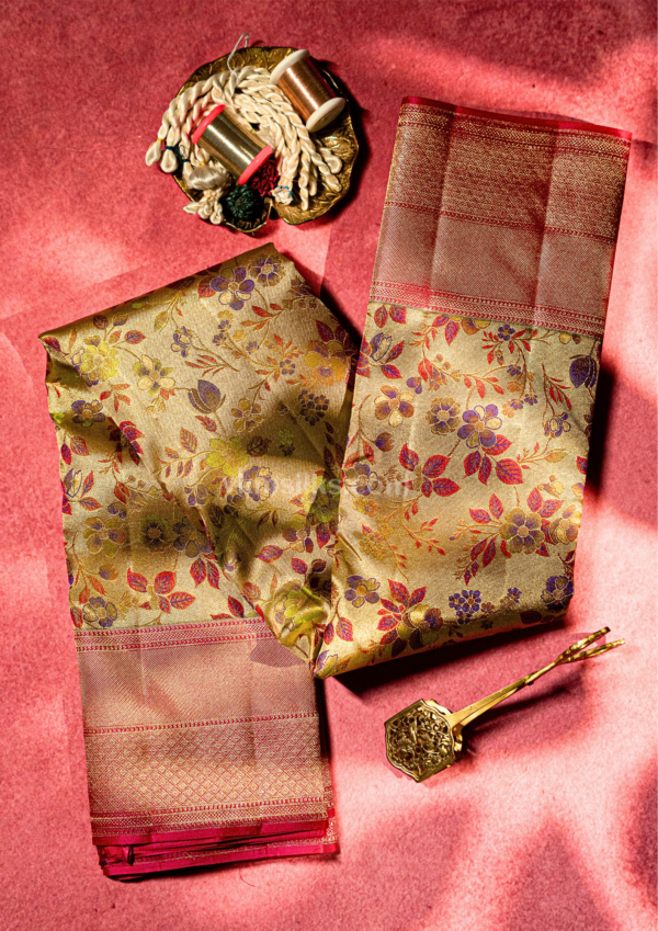 9 - 2026-09-03T154650.877 Antique gold multi color floral tissue saree with solid pink border