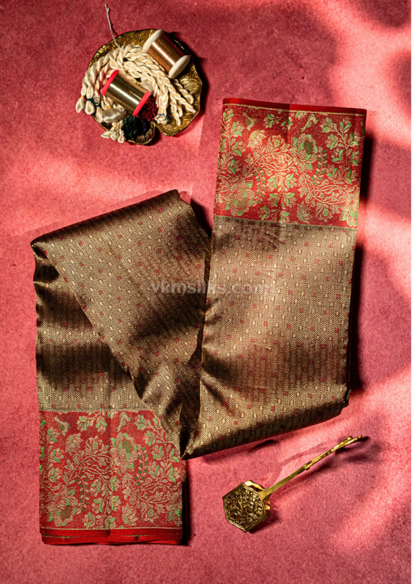 9 - 2026-09-03T165513.151 Brown meenakari stripes body with green highlighted floral border brocade saree