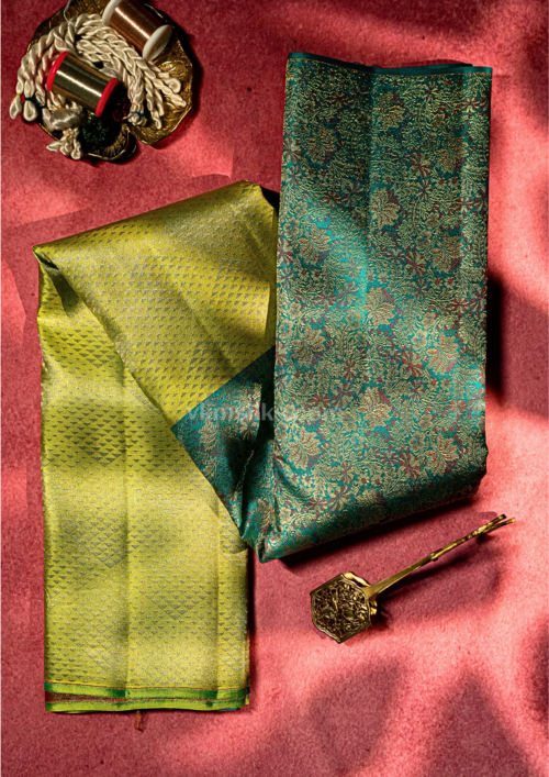 9 - 2026-09-03T172812.767 Half and half pattern lemon green geometric pattern with mayil blue intricate meenakari banaras floral combo