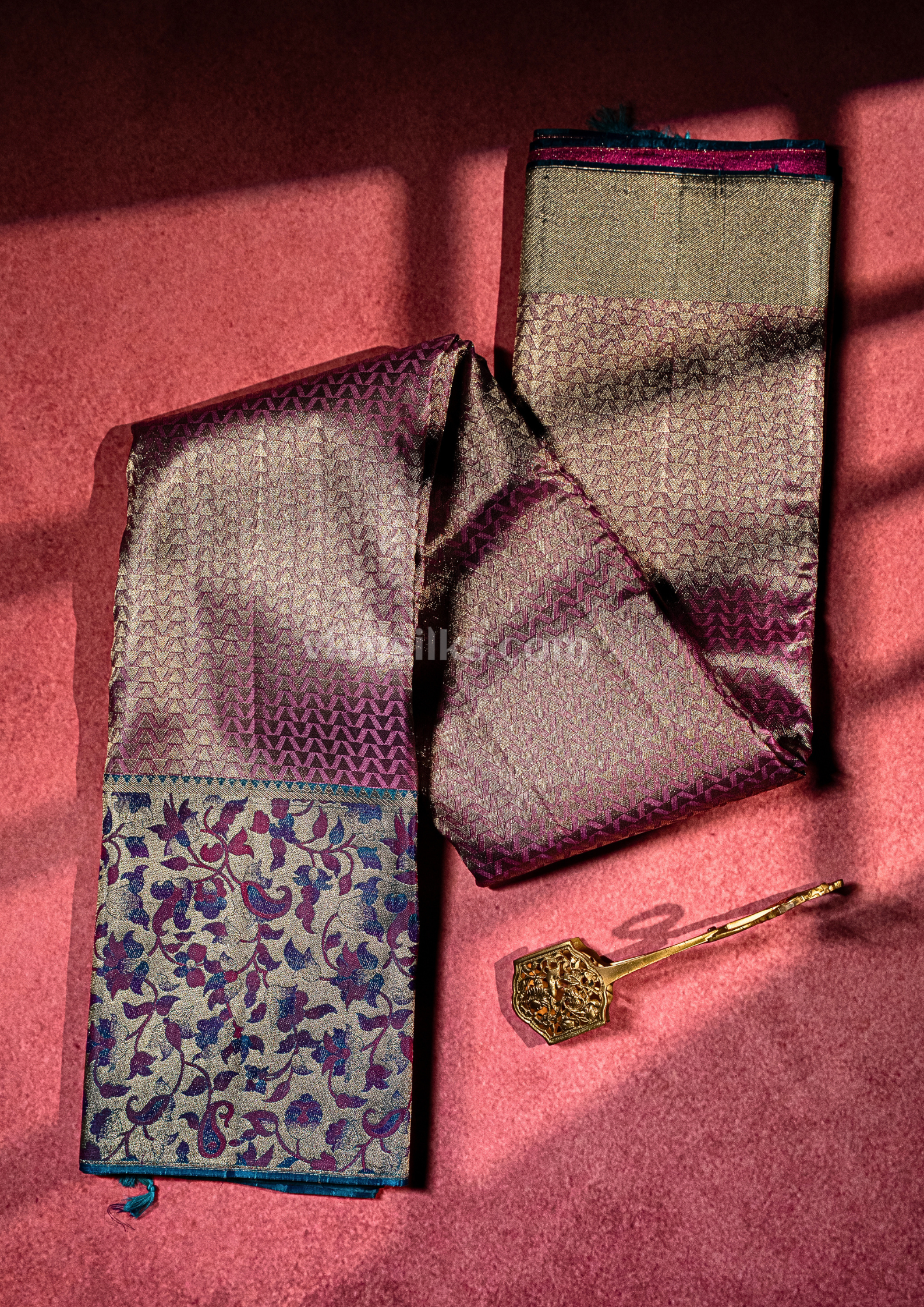 Geometric patterned Plum body with vine floral dark blue border - Pure Kanjivaram Silk by VKM Silks