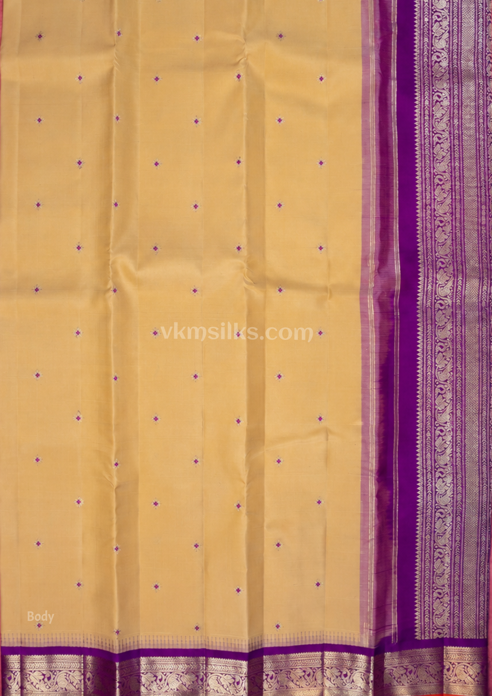 Sandal Kaakki with Purple Traditional Butta Kanjivaram Silk Saree alternative pallu & zari angle view