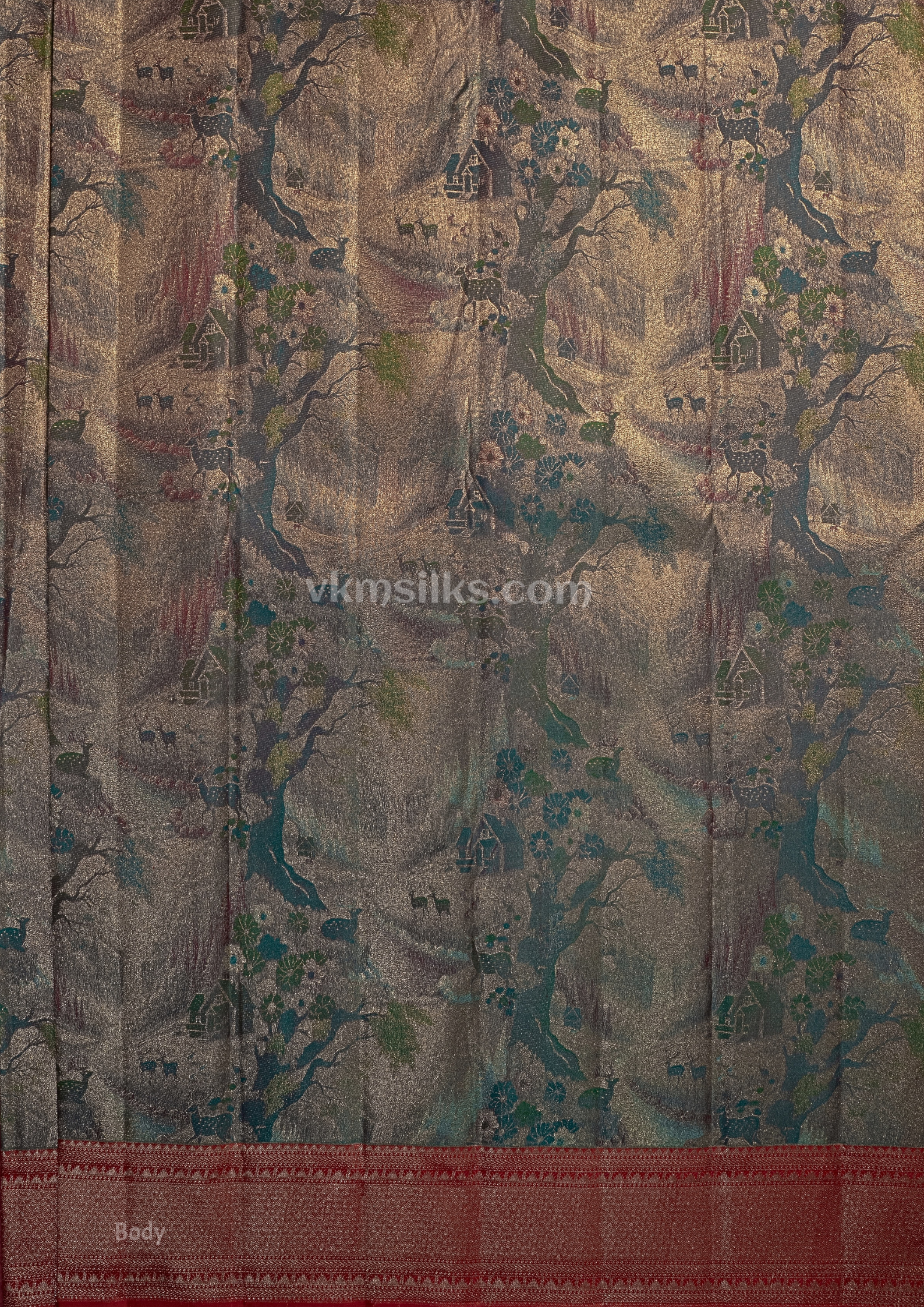 3D forest inspired intricate detailed multi colour meenawork pure silk alternative pallu & zari angle view
