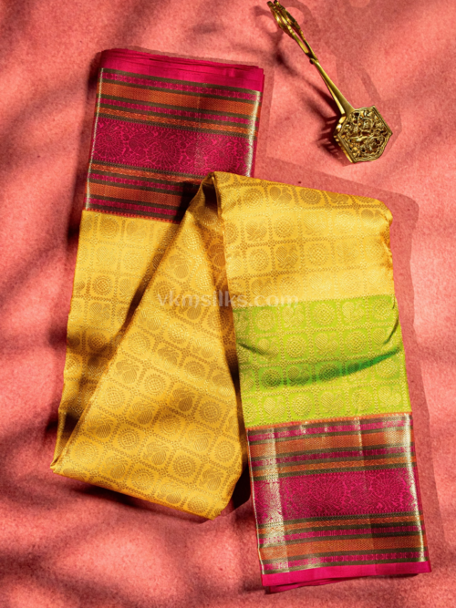 Yellow rudhraksham mayil kattam body with lime green accents and pink border