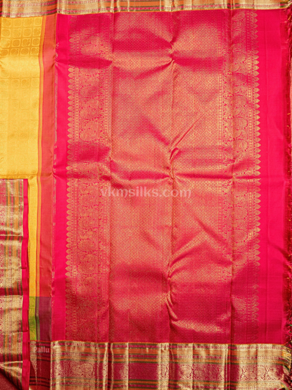 Yellow rudhraksham mayil kattam body with lime green accents and pink border